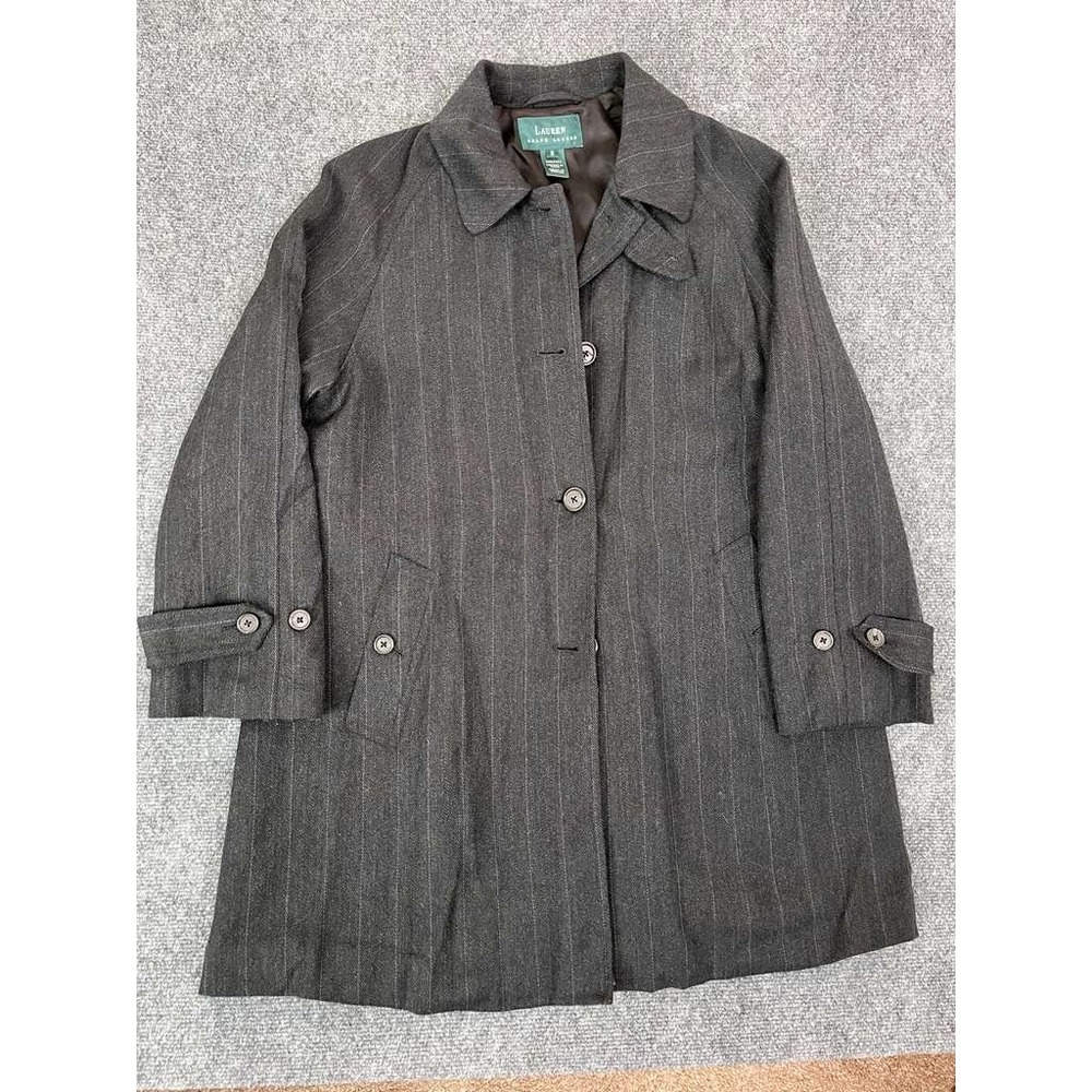 Lauren Ralph Lauren Trench Coat Womens 6 Gray Pinstripe Buttoned USA Made